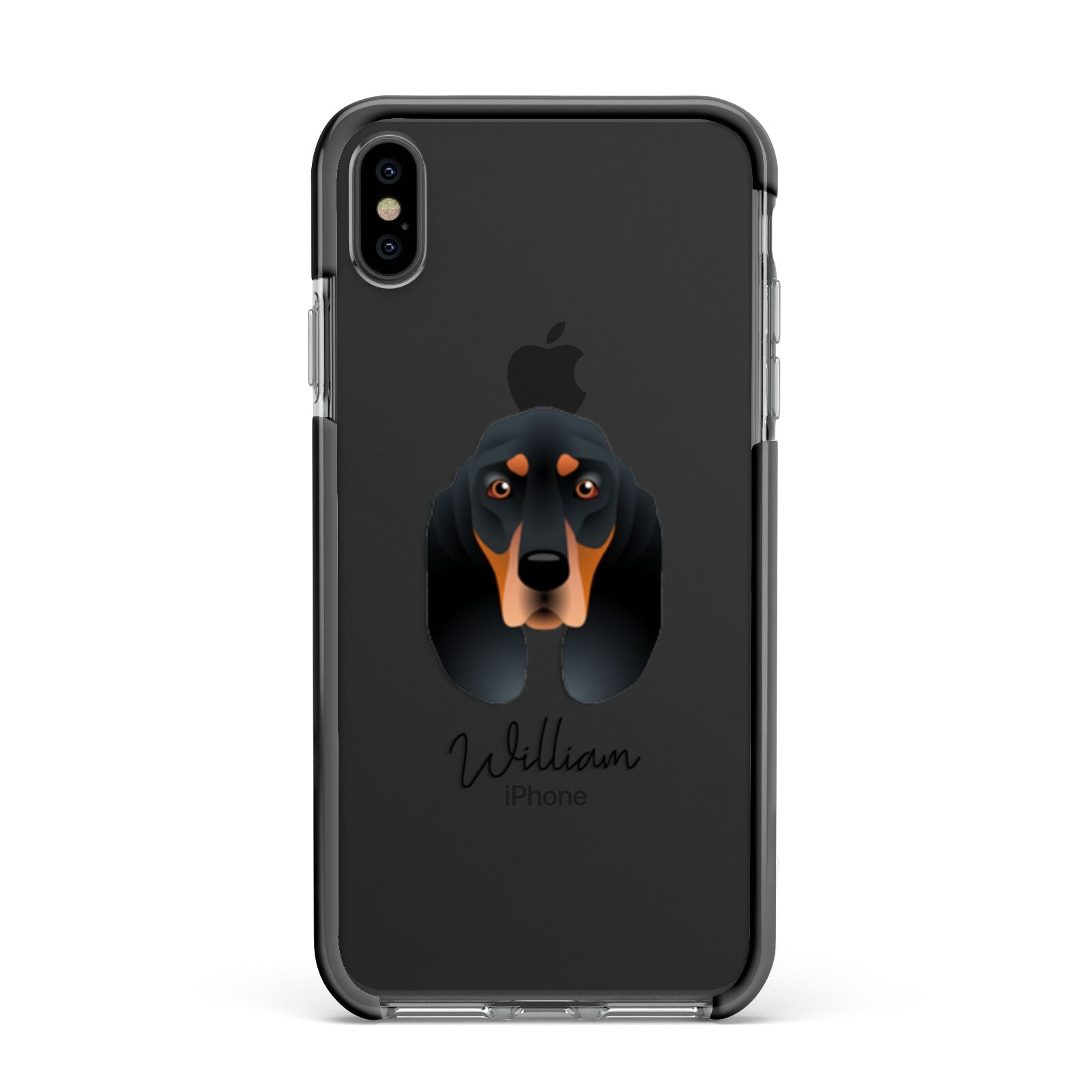 Black and Tan Coonhound Personalised Apple iPhone Xs Max Impact Case Black Edge on Black Phone