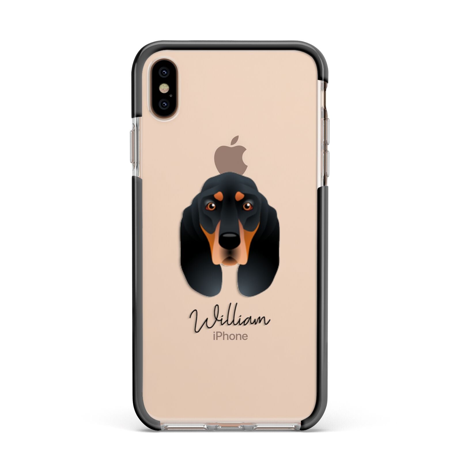 Black and Tan Coonhound Personalised Apple iPhone Xs Max Impact Case Black Edge on Gold Phone