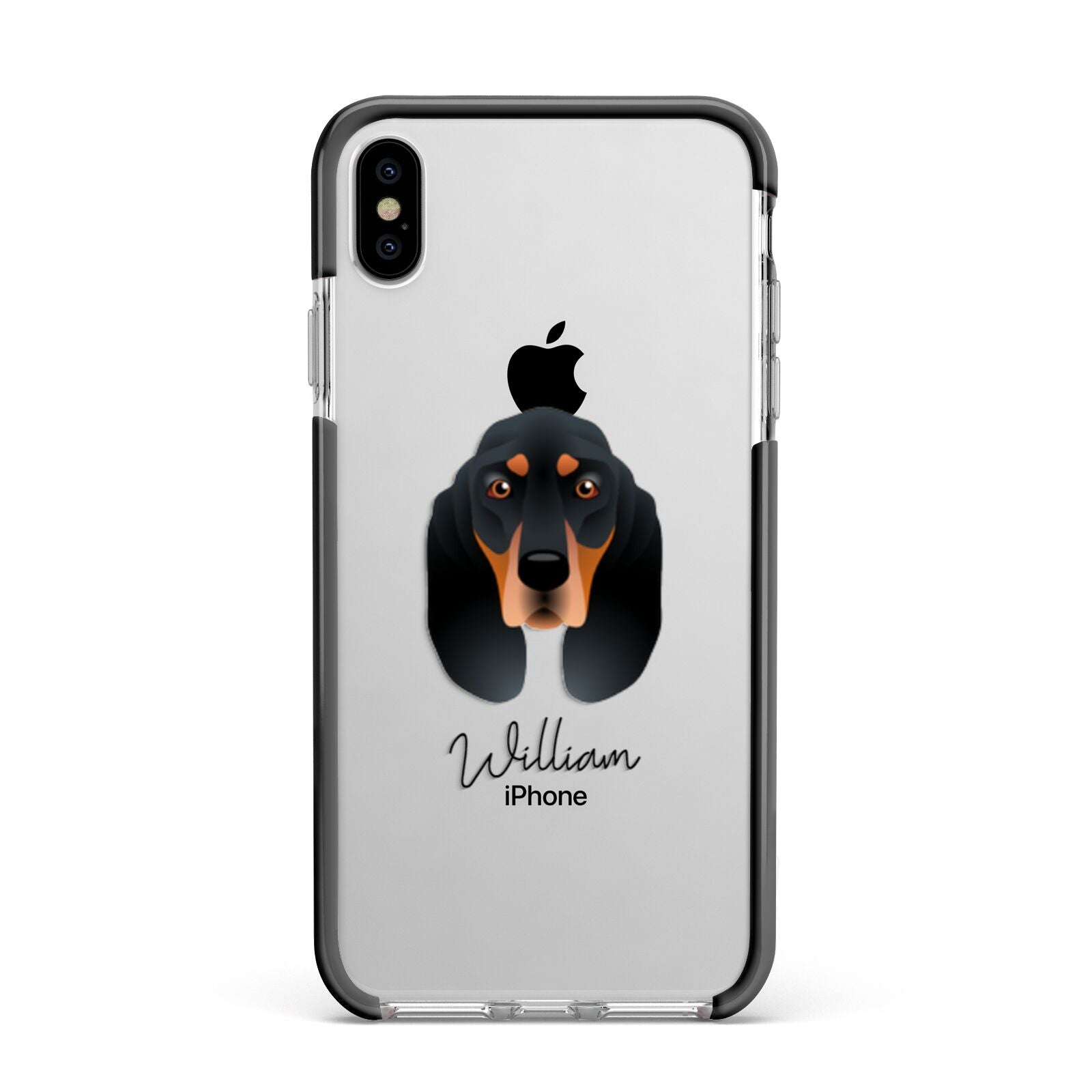 Black and Tan Coonhound Personalised Apple iPhone Xs Max Impact Case Black Edge on Silver Phone