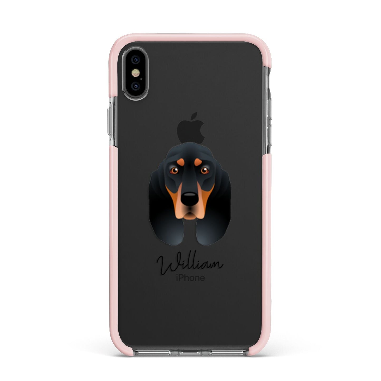 Black and Tan Coonhound Personalised Apple iPhone Xs Max Impact Case Pink Edge on Black Phone