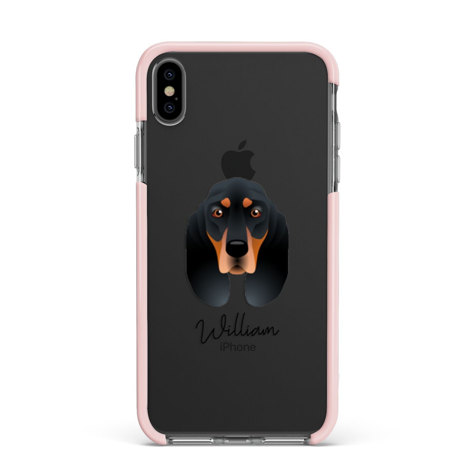 Black and Tan Coonhound Personalised Apple iPhone Xs Max Impact Case Pink Edge on Black Phone
