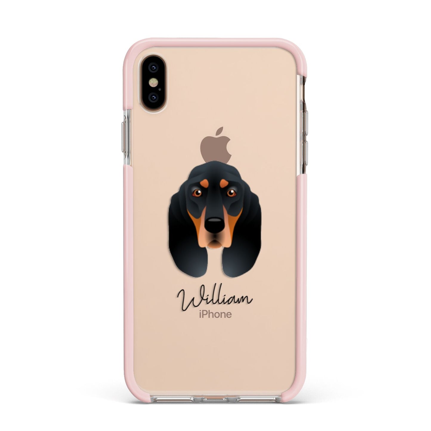Black and Tan Coonhound Personalised Apple iPhone Xs Max Impact Case Pink Edge on Gold Phone
