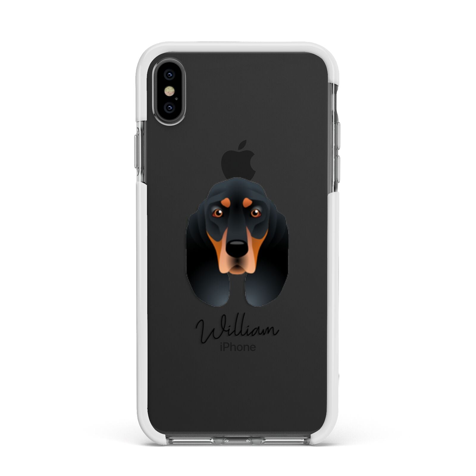 Black and Tan Coonhound Personalised Apple iPhone Xs Max Impact Case White Edge on Black Phone