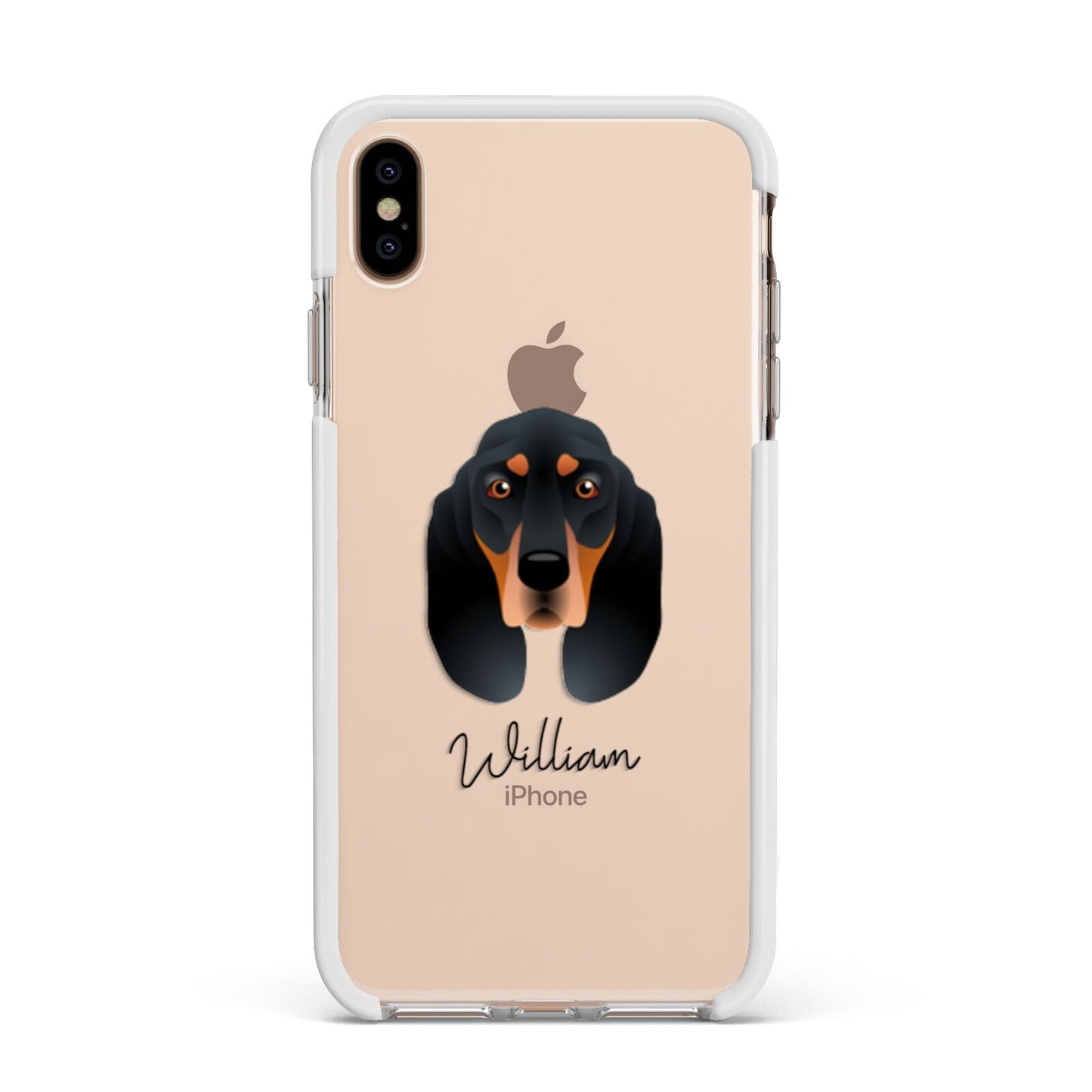 Black and Tan Coonhound Personalised Apple iPhone Xs Max Impact Case White Edge on Gold Phone