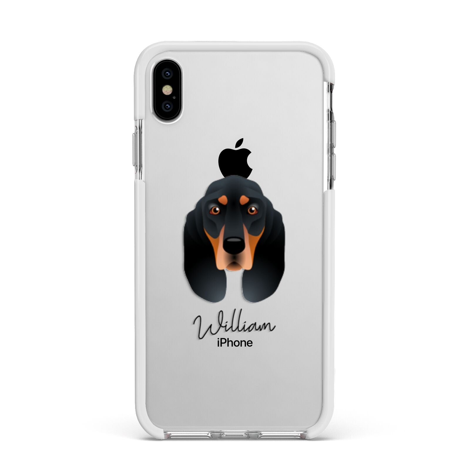 Black and Tan Coonhound Personalised Apple iPhone Xs Max Impact Case White Edge on Silver Phone