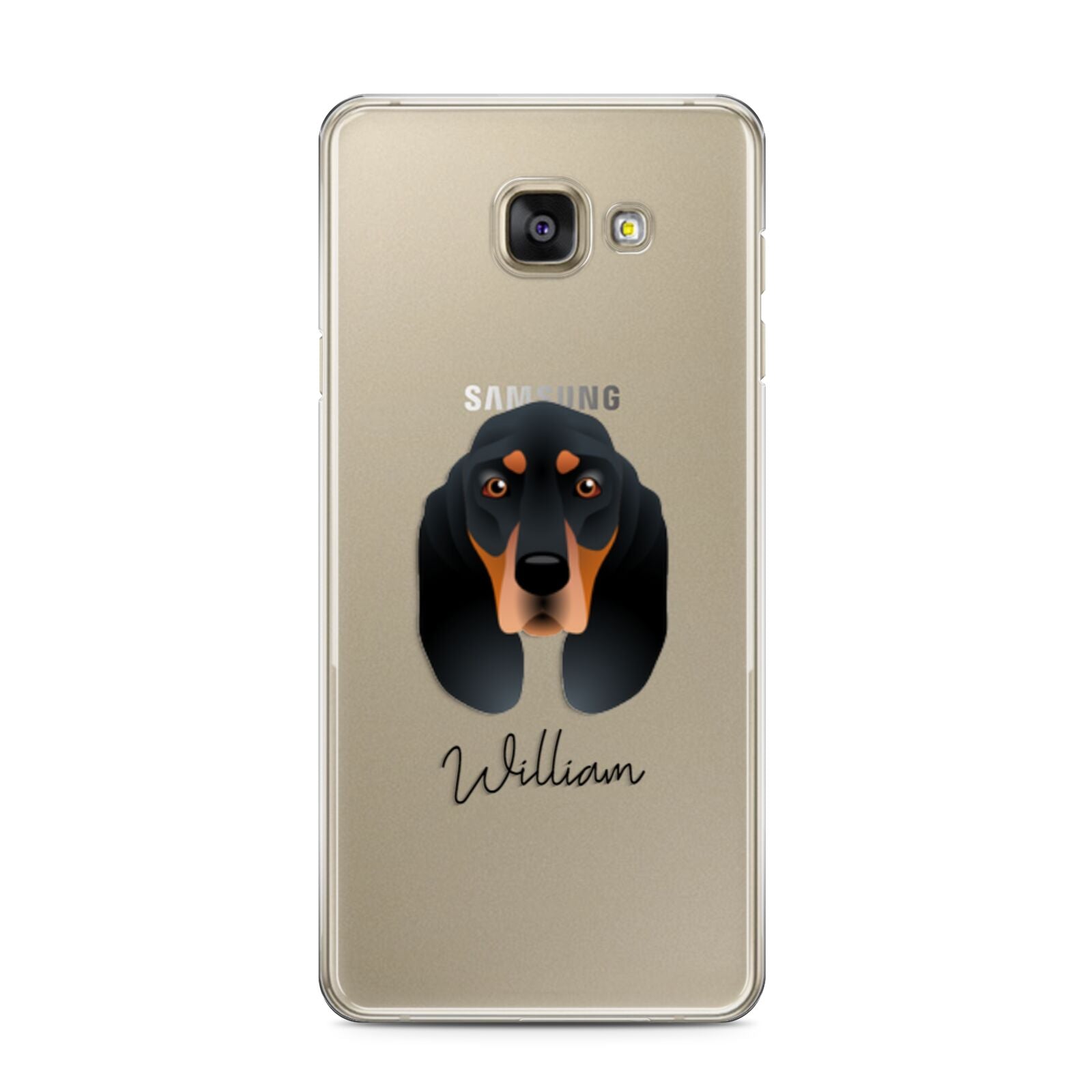 Black and Tan Coonhound Personalised Samsung Galaxy A3 2016 Case on gold phone