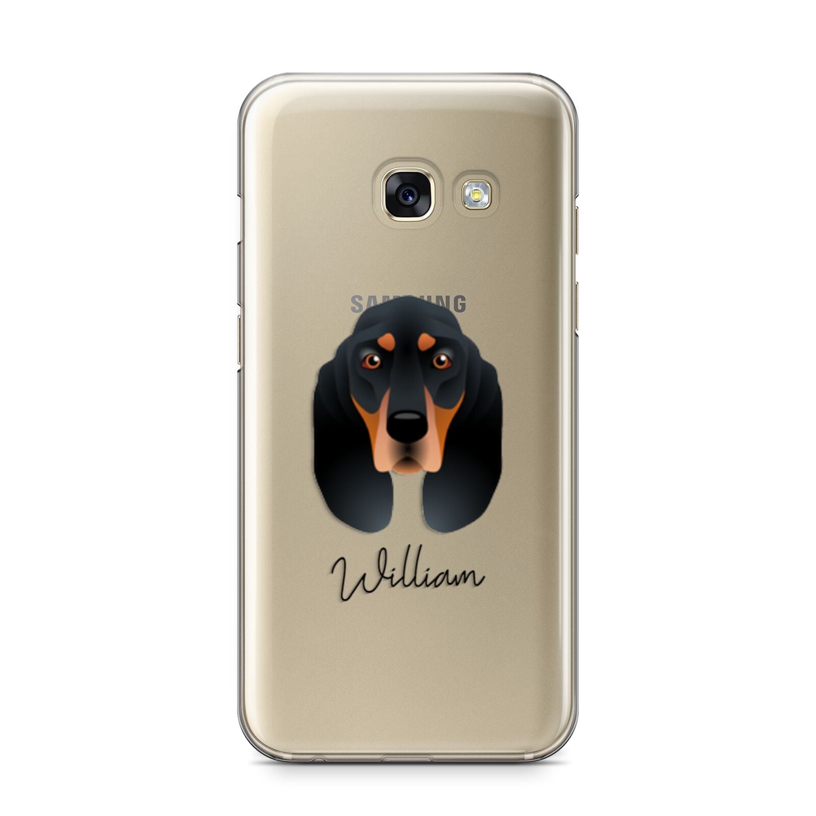 Black and Tan Coonhound Personalised Samsung Galaxy A3 2017 Case on gold phone