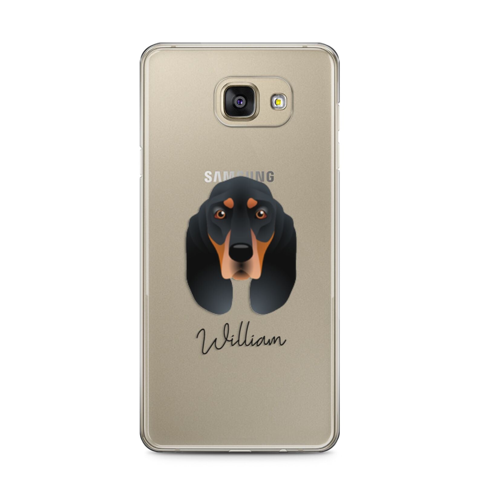 Black and Tan Coonhound Personalised Samsung Galaxy A5 2016 Case on gold phone