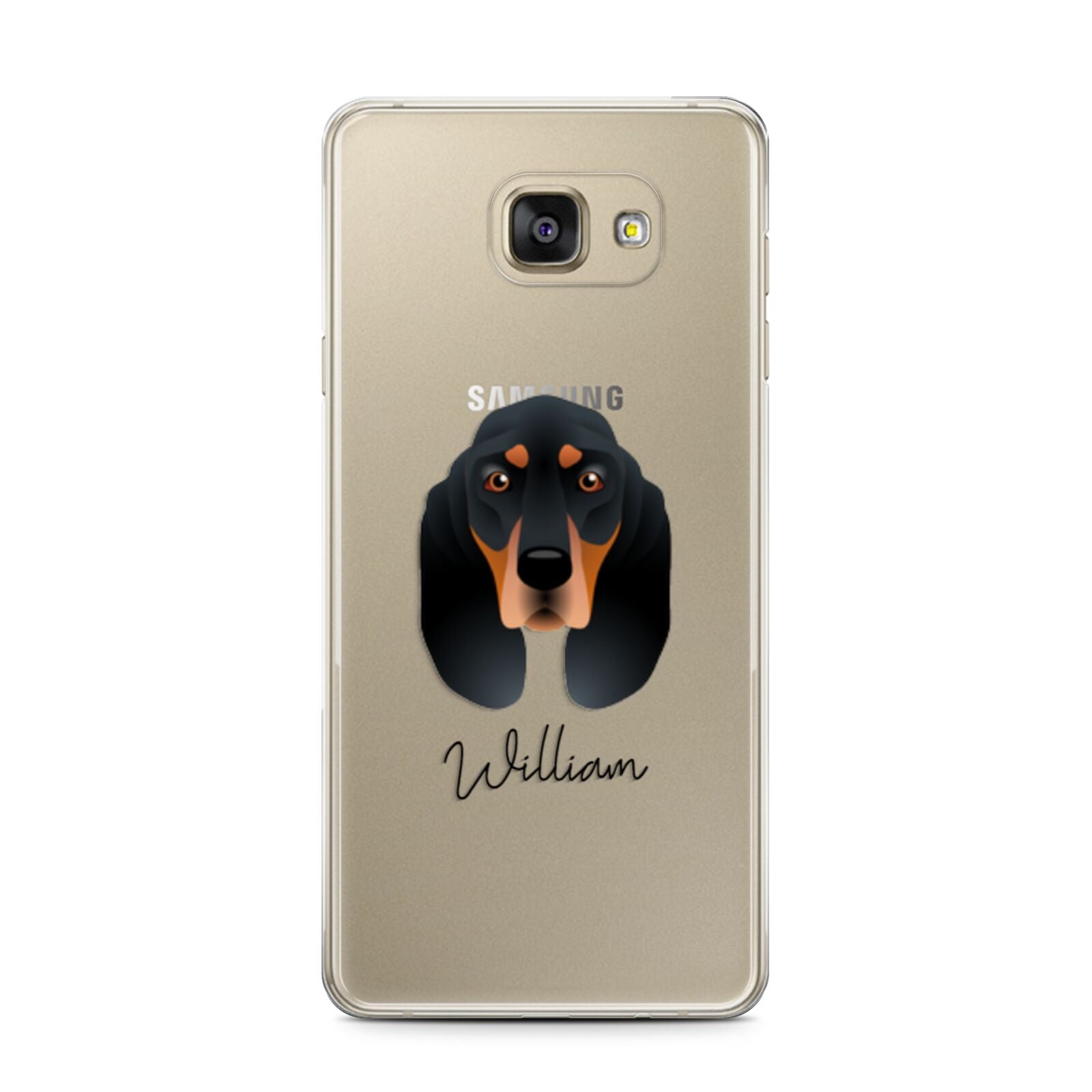 Black and Tan Coonhound Personalised Samsung Galaxy A7 2016 Case on gold phone