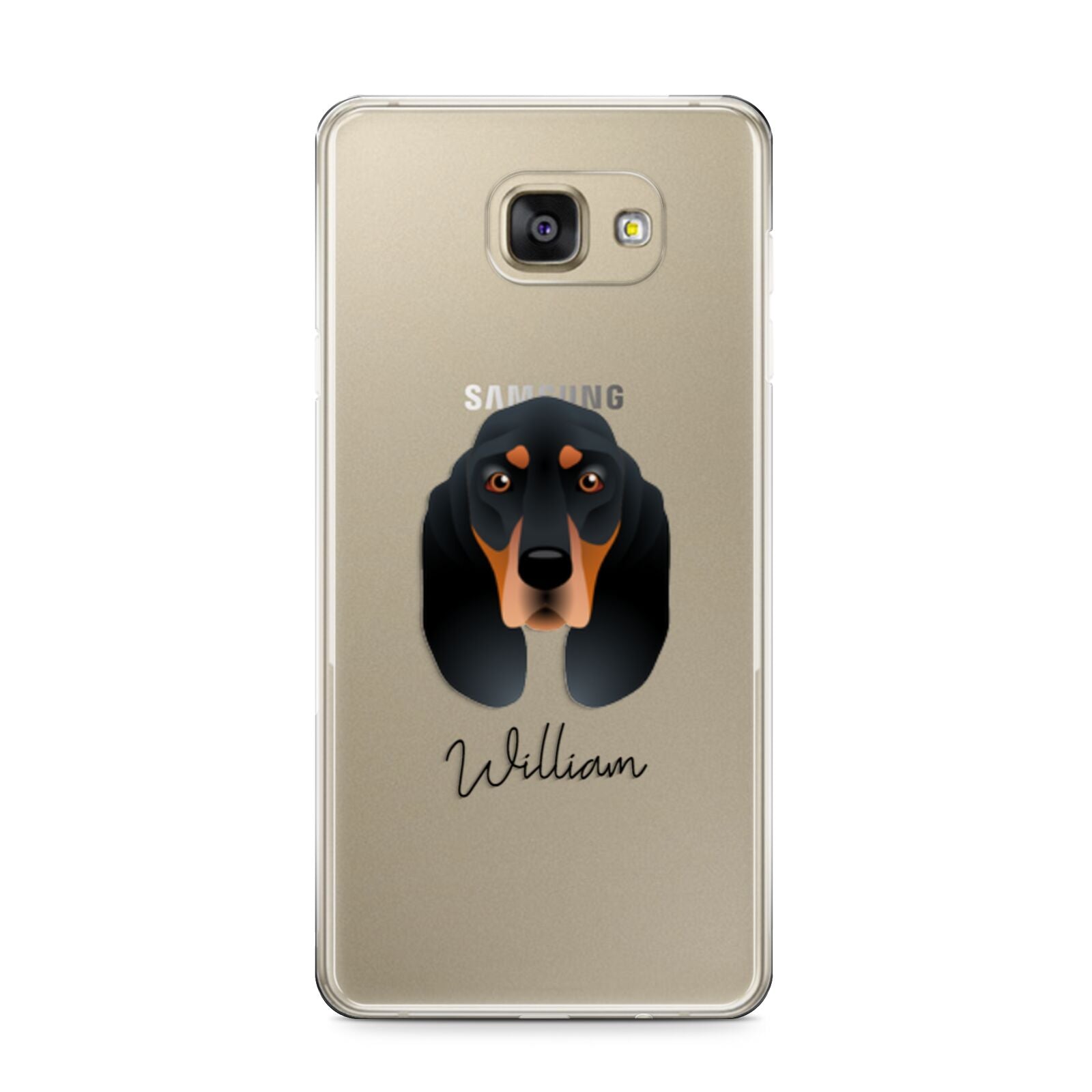 Black and Tan Coonhound Personalised Samsung Galaxy A9 2016 Case on gold phone
