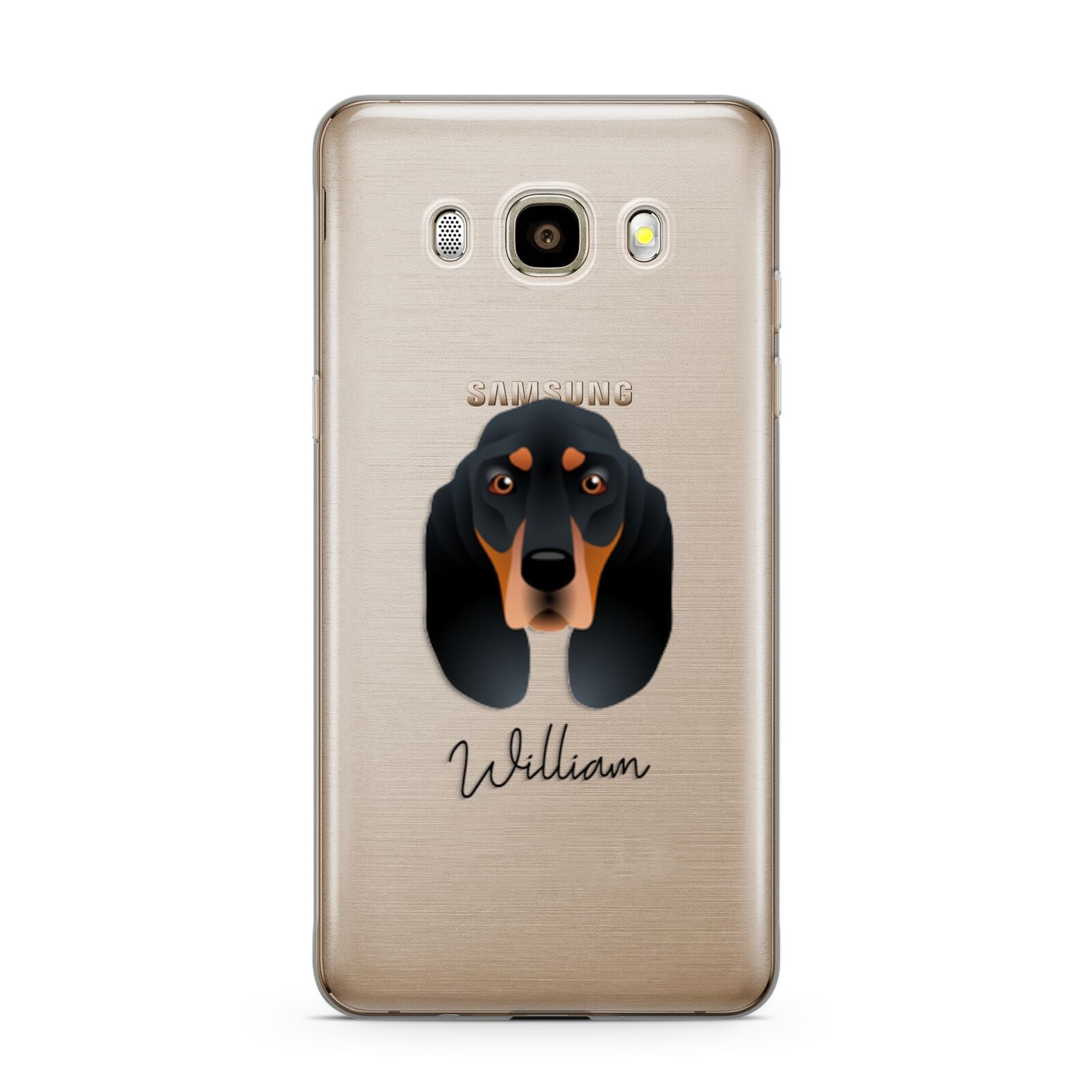 Black and Tan Coonhound Personalised Samsung Galaxy J7 2016 Case on gold phone