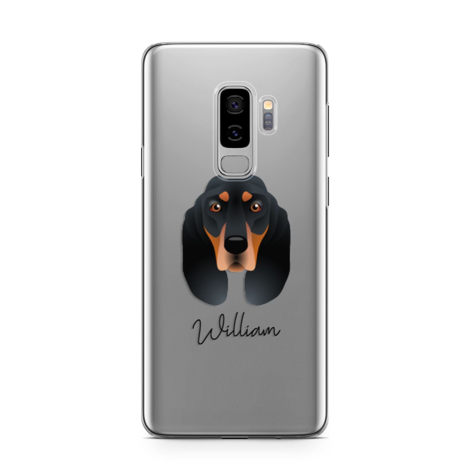 Black and Tan Coonhound Personalised Samsung Galaxy S9 Plus Case on Silver phone