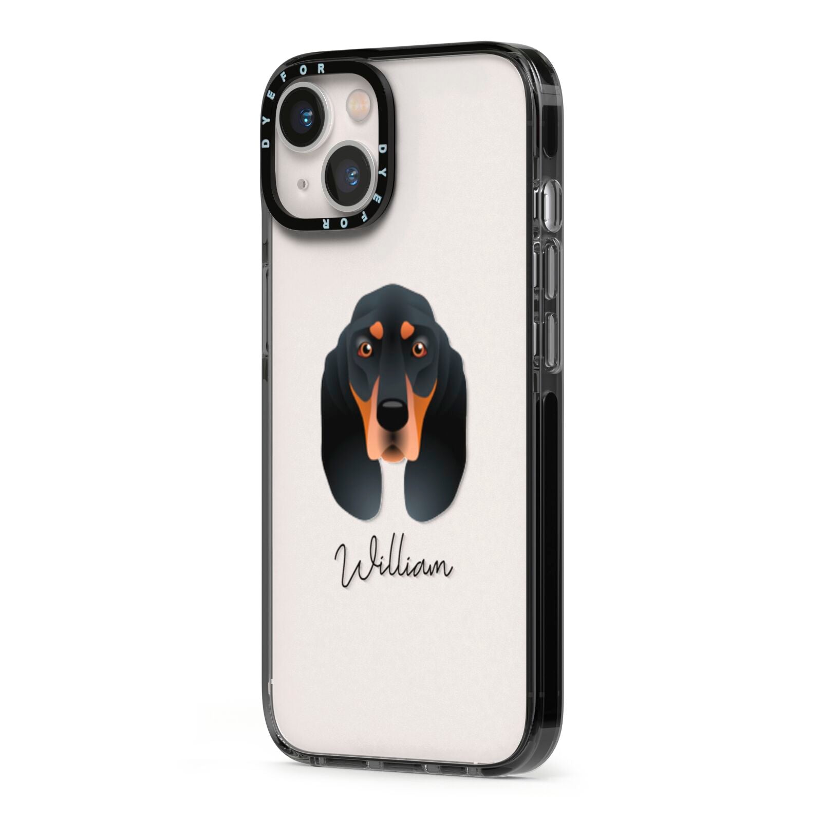 Black and Tan Coonhound Personalised iPhone 13 Black Impact Case Side Angle on Silver phone