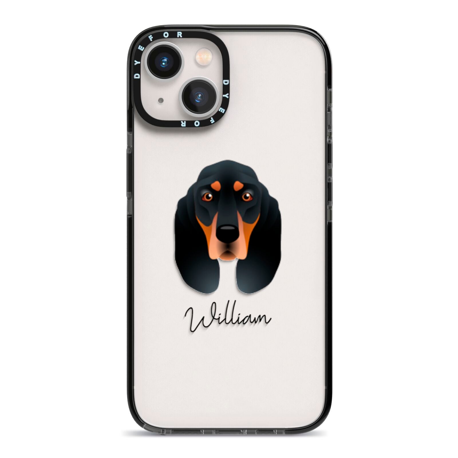 Black and Tan Coonhound Personalised iPhone 13 Black Impact Case on Silver phone
