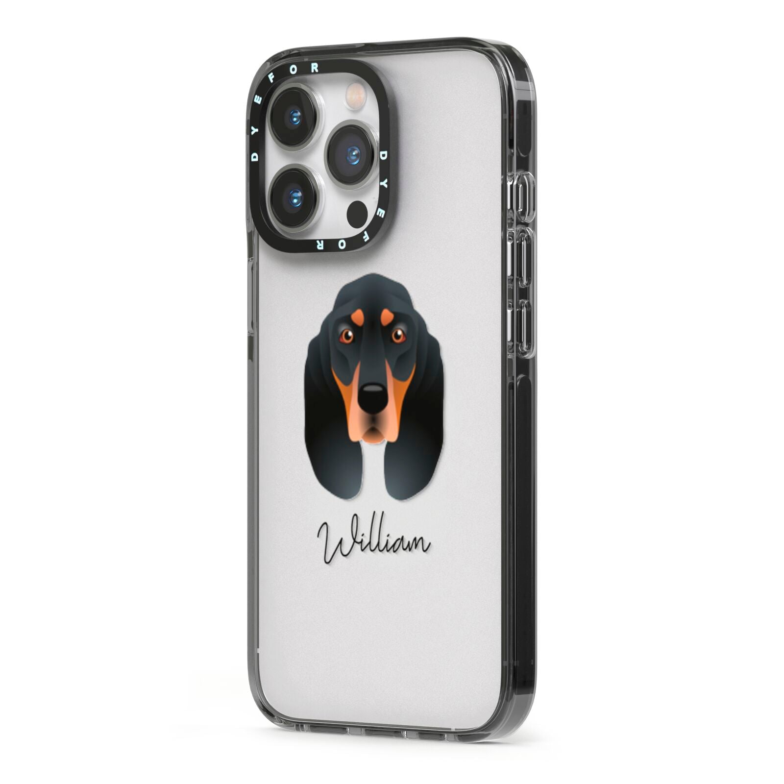 Black and Tan Coonhound Personalised iPhone 13 Pro Black Impact Case Side Angle on Silver phone