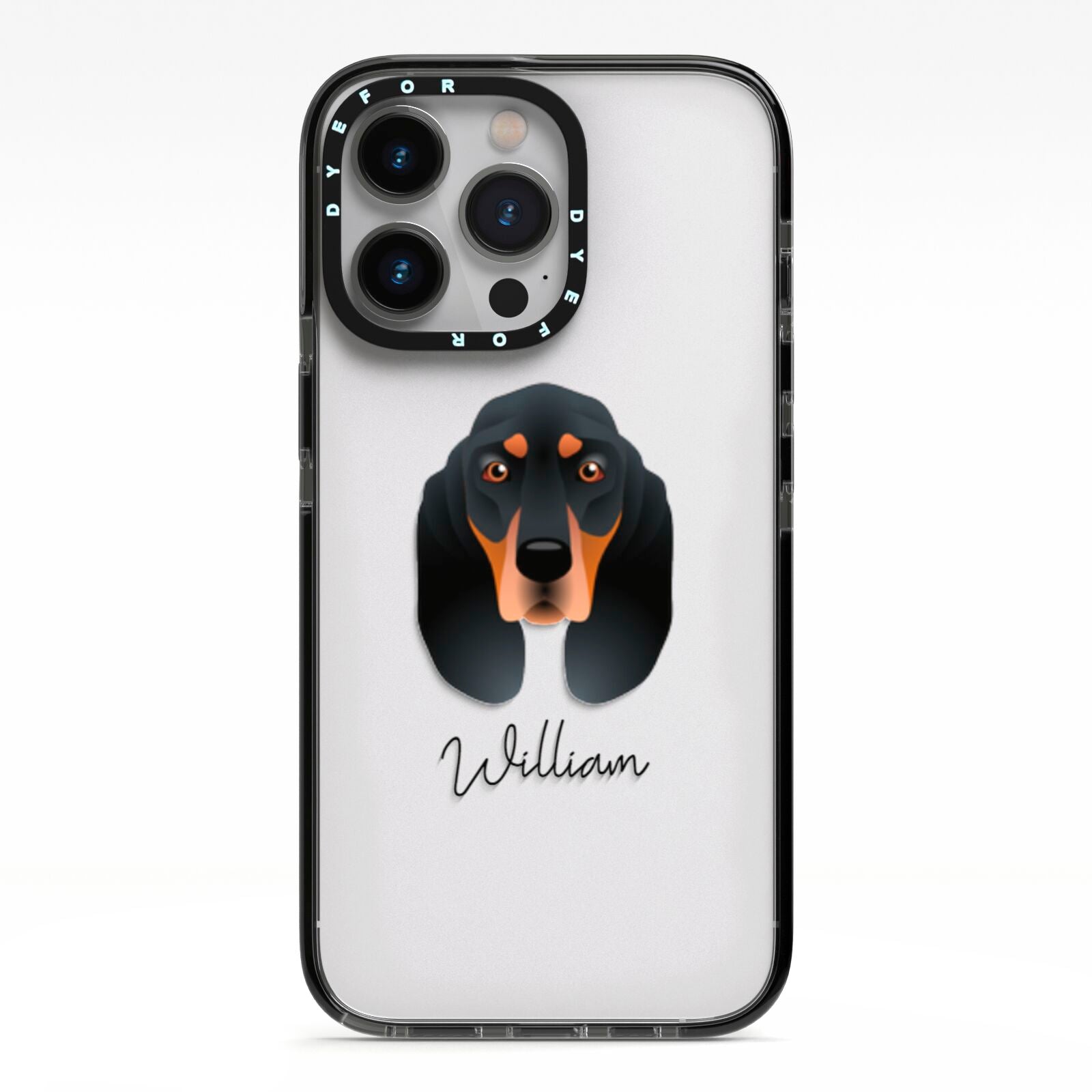 Black and Tan Coonhound Personalised iPhone 13 Pro Black Impact Case on Silver phone
