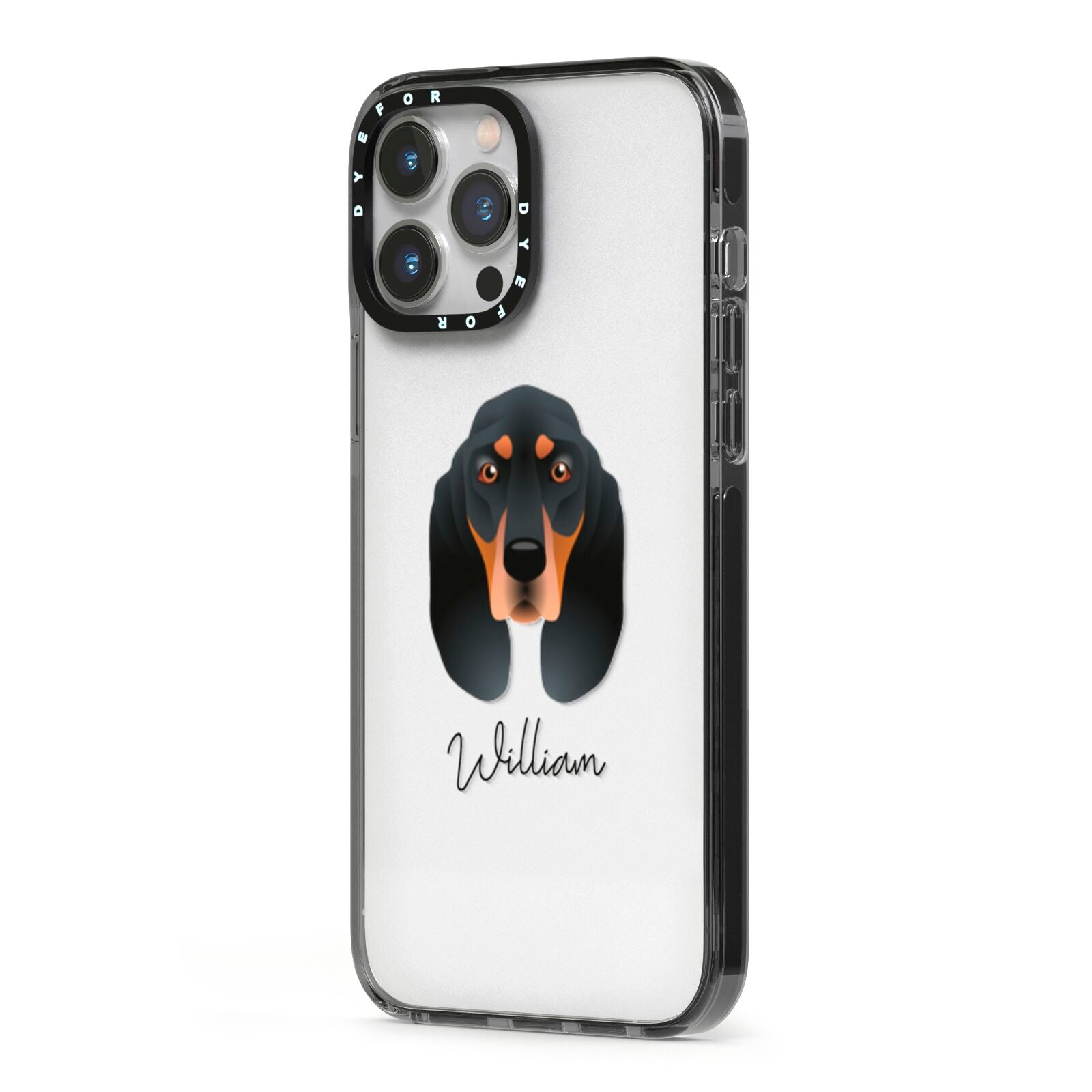 Black and Tan Coonhound Personalised iPhone 13 Pro Max Black Impact Case Side Angle on Silver phone