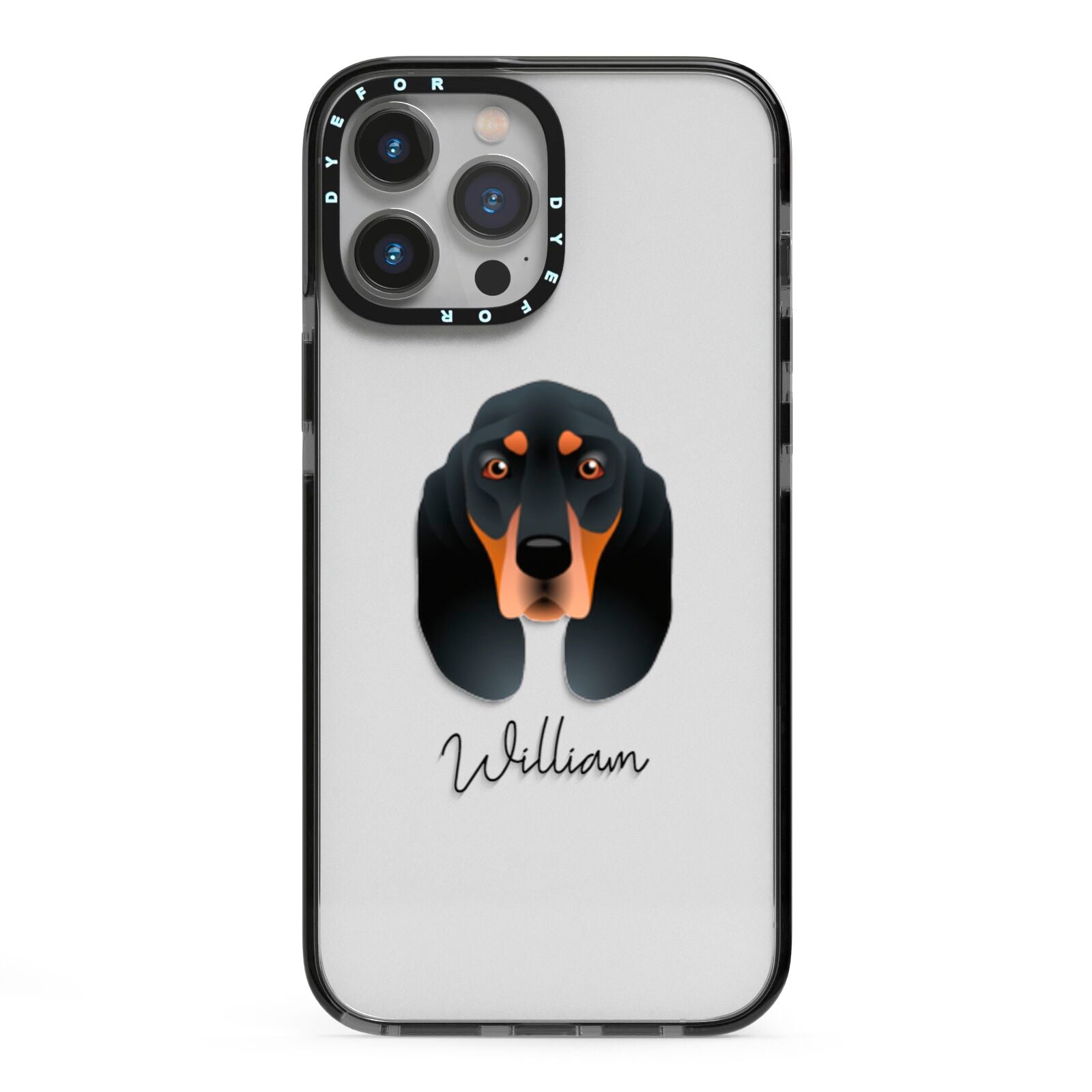 Black and Tan Coonhound Personalised iPhone 13 Pro Max Black Impact Case on Silver phone