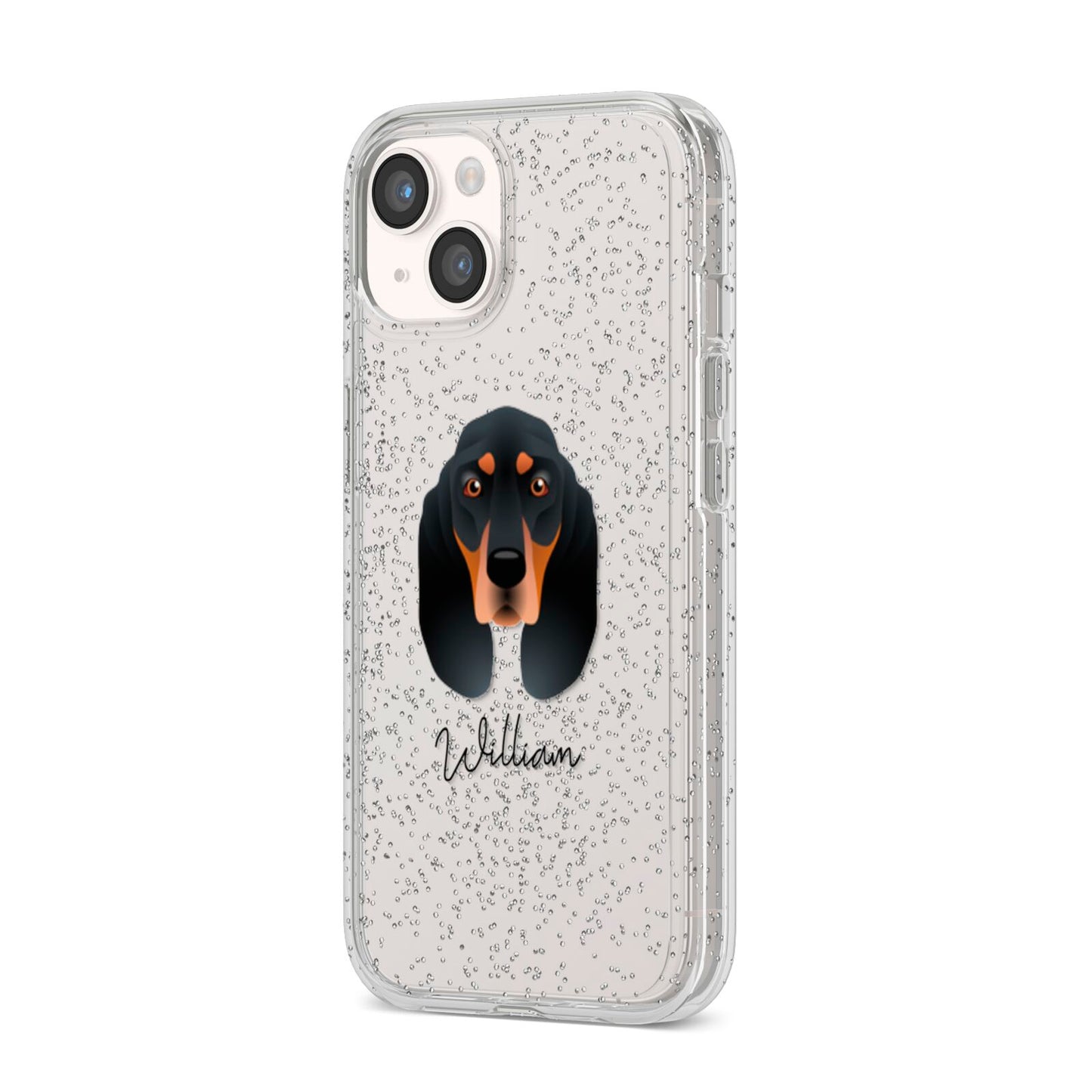 Black and Tan Coonhound Personalised iPhone 14 Glitter Tough Case Starlight Angled Image