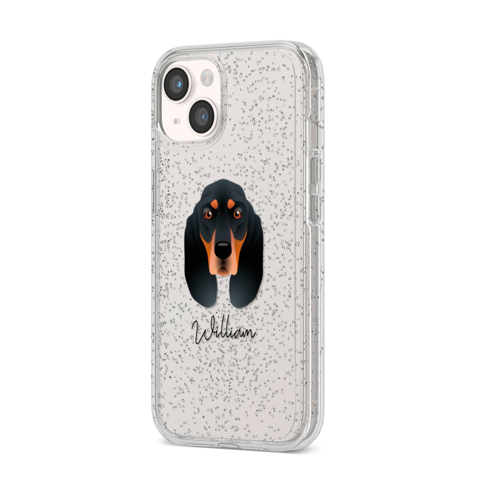 Black and Tan Coonhound Personalised iPhone 14 Glitter Tough Case Starlight Angled Image