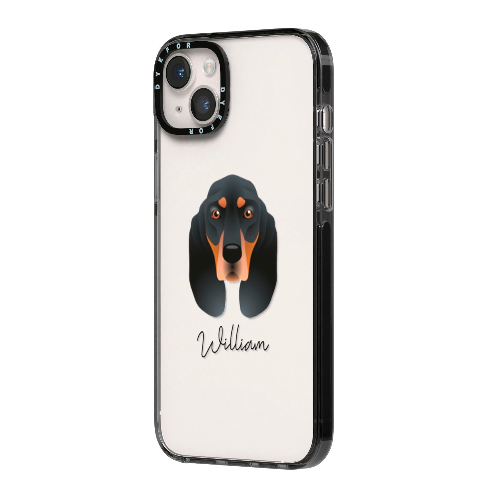 Black and Tan Coonhound Personalised iPhone 14 Plus Black Impact Case Side Angle on Silver phone
