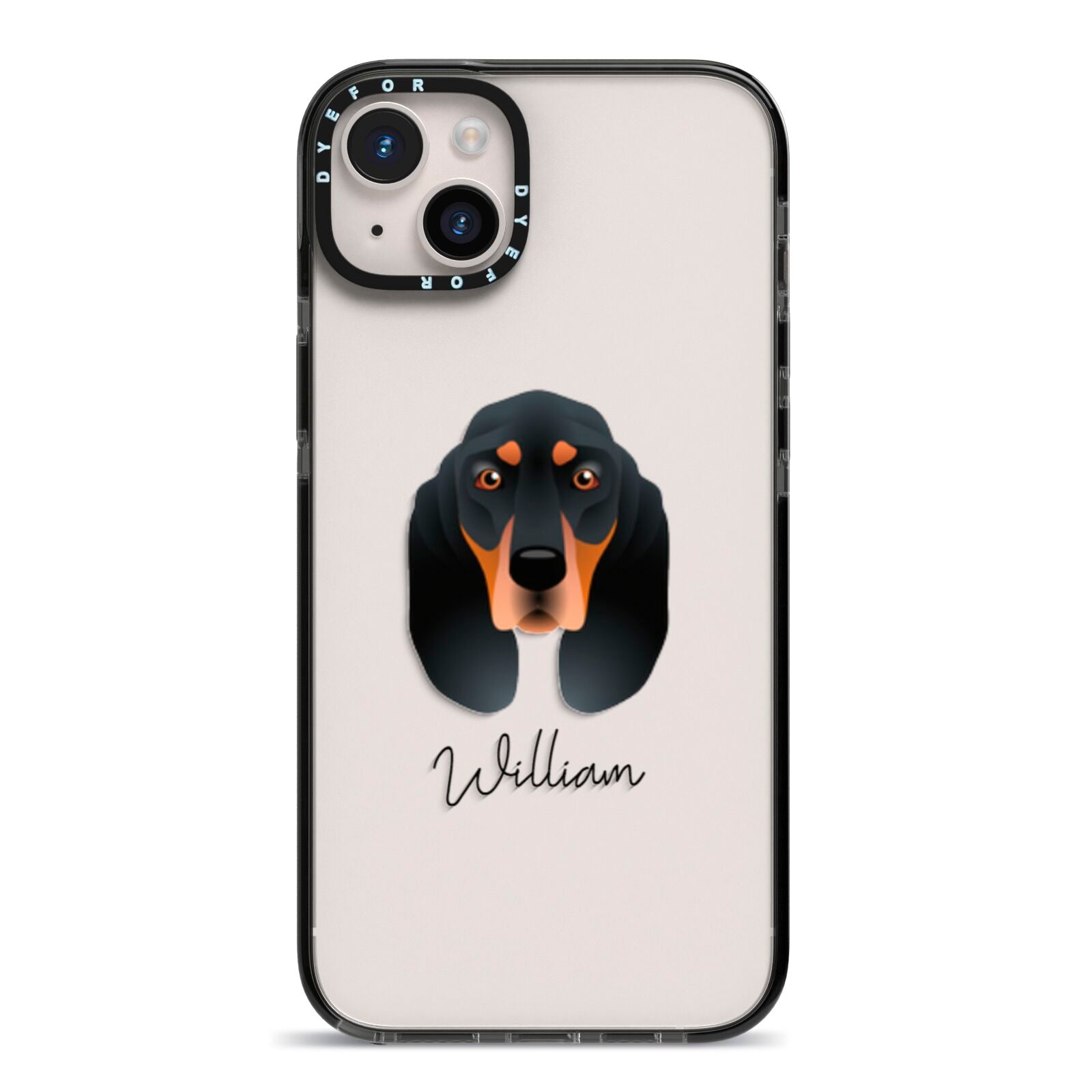 Black and Tan Coonhound Personalised iPhone 14 Plus Black Impact Case on Silver phone