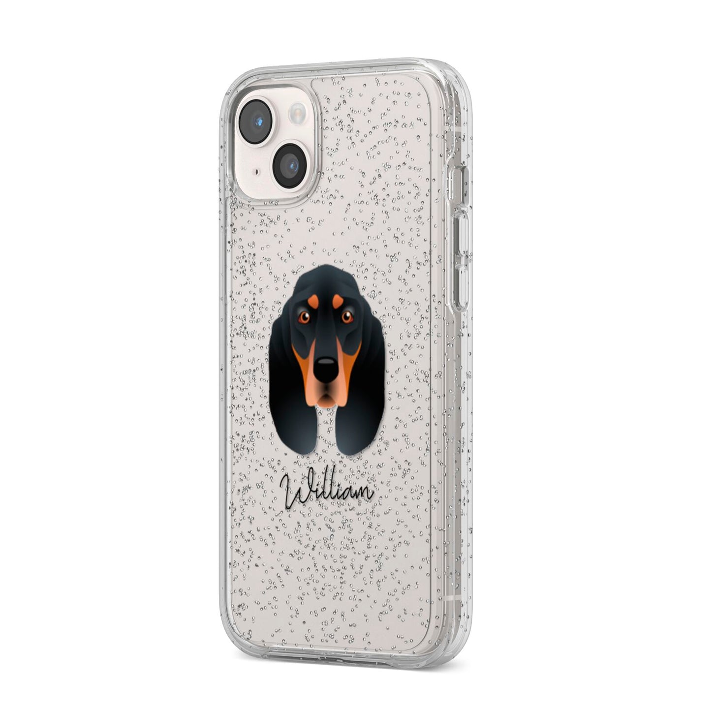 Black and Tan Coonhound Personalised iPhone 14 Plus Glitter Tough Case Starlight Angled Image
