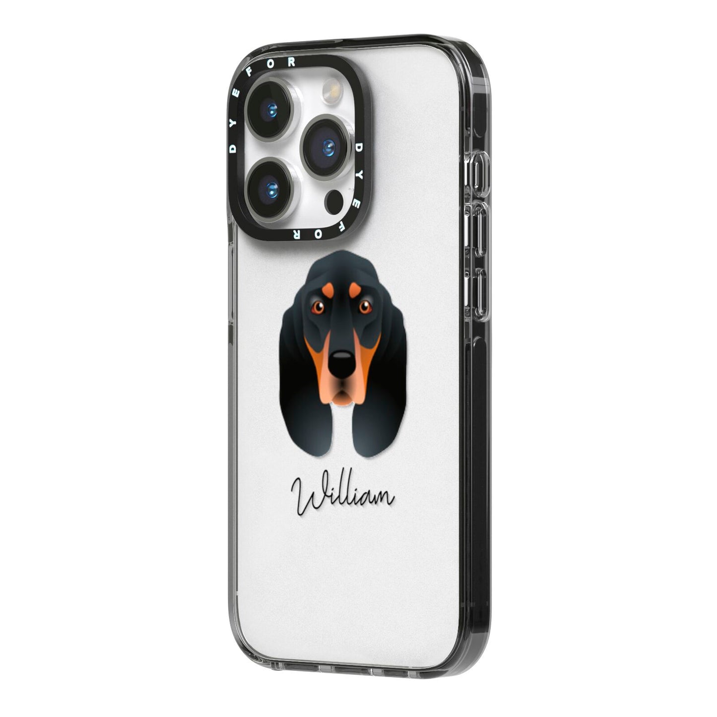 Black and Tan Coonhound Personalised iPhone 14 Pro Black Impact Case Side Angle on Silver phone