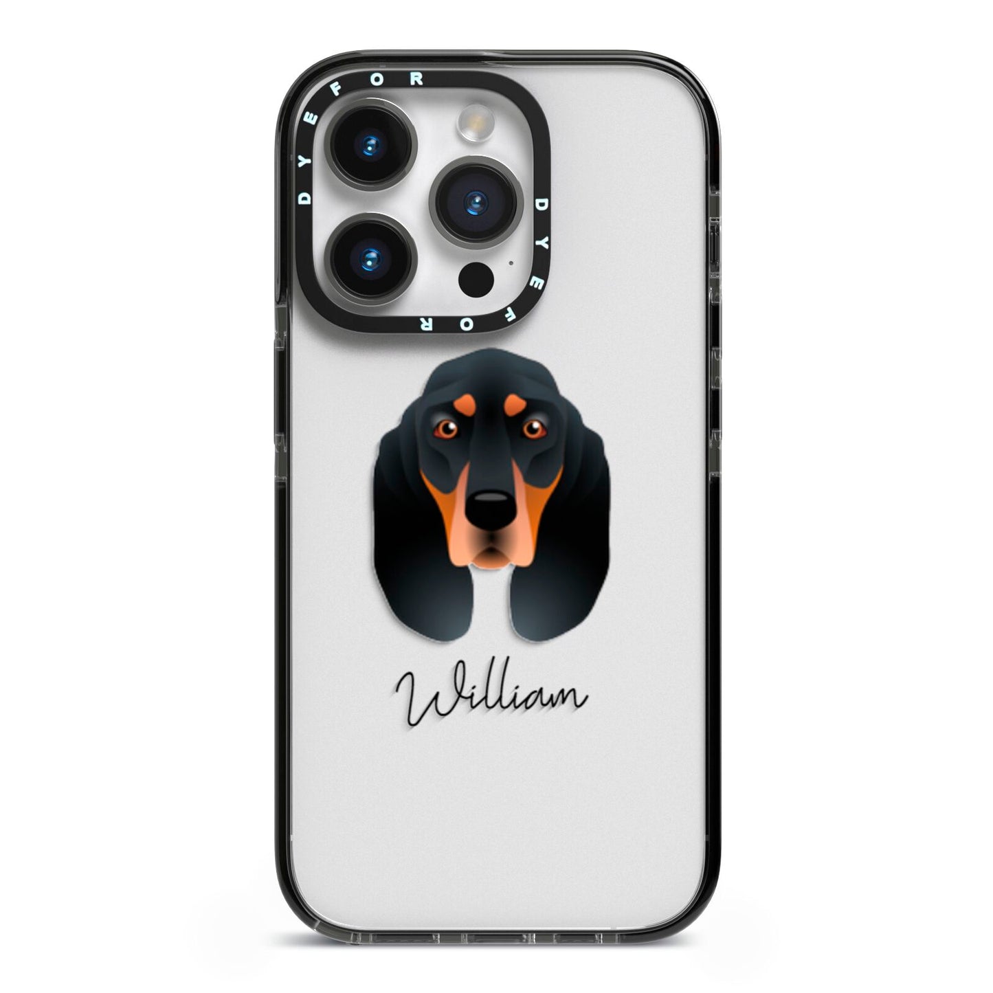 Black and Tan Coonhound Personalised iPhone 14 Pro Black Impact Case on Silver phone