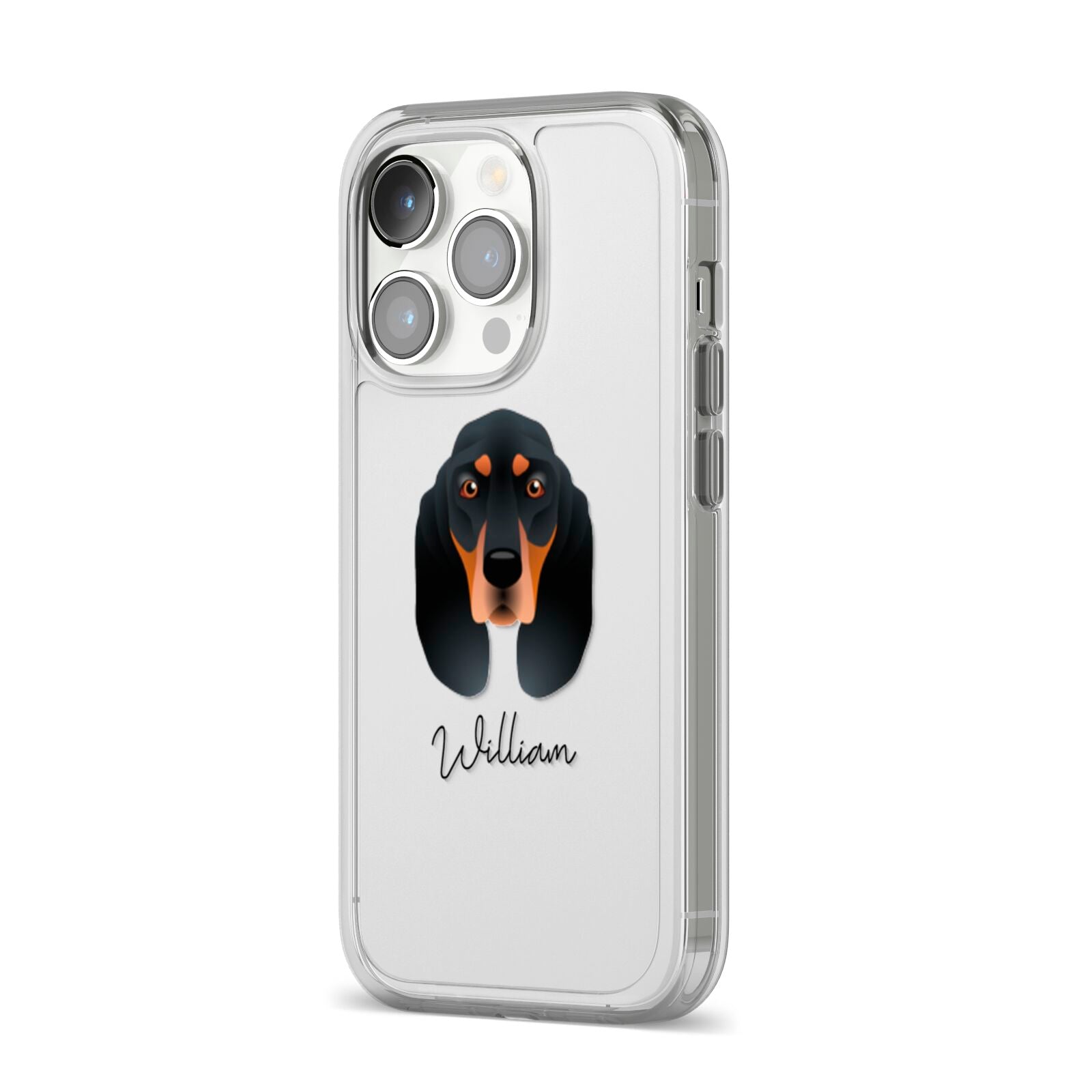 Black and Tan Coonhound Personalised iPhone 14 Pro Clear Tough Case Silver Angled Image