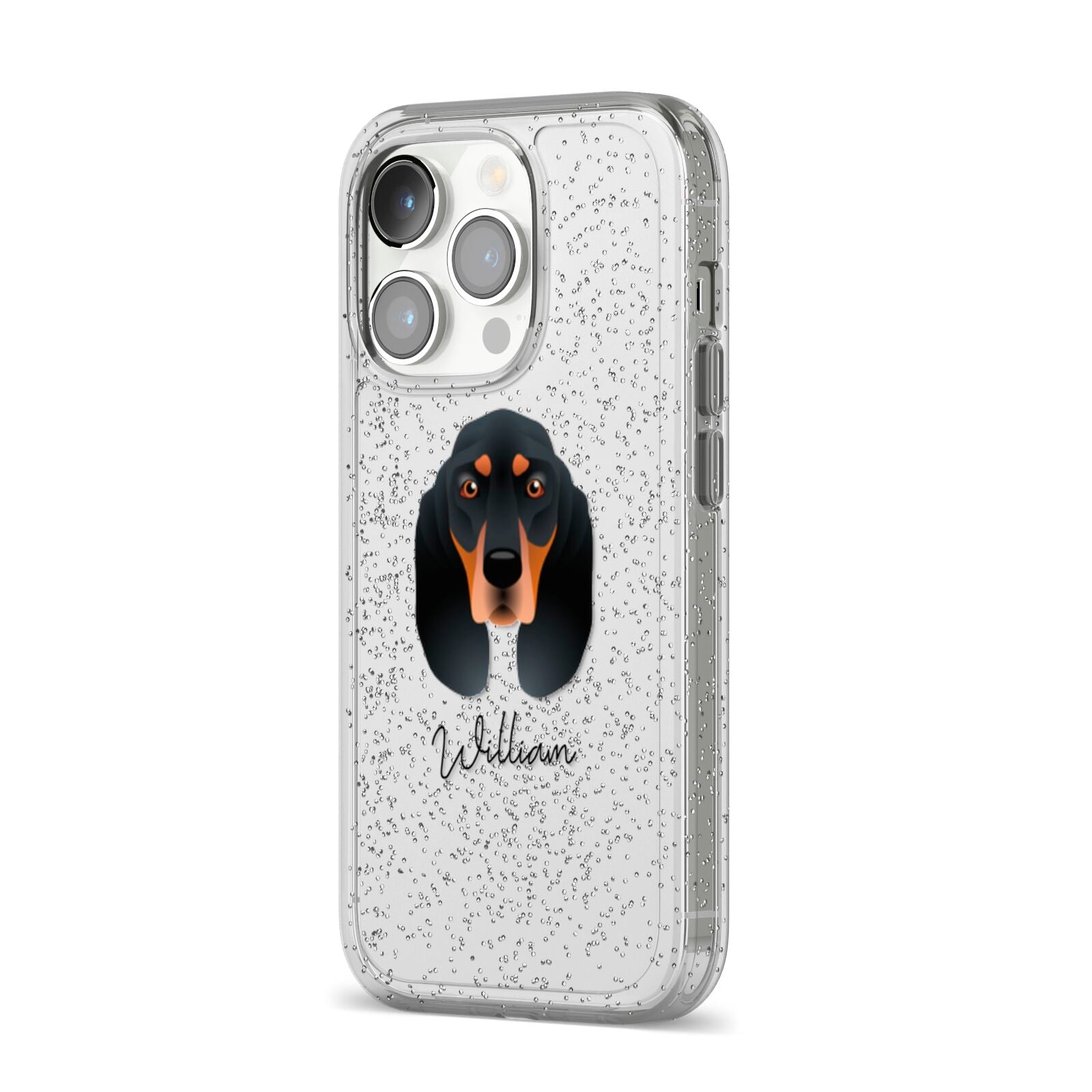 Black and Tan Coonhound Personalised iPhone 14 Pro Glitter Tough Case Silver Angled Image