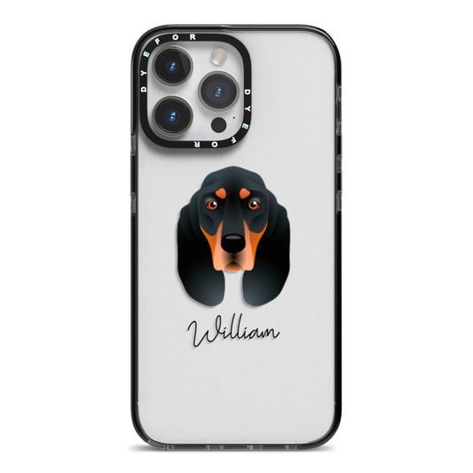 Black and Tan Coonhound Personalised iPhone 14 Pro Max Black Impact Case on Silver phone
