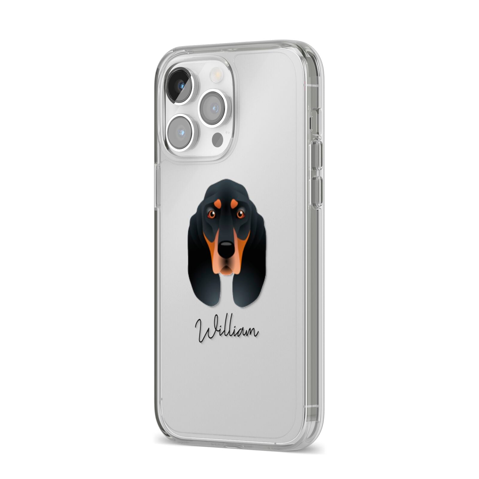 Black and Tan Coonhound Personalised iPhone 14 Pro Max Clear Tough Case Silver Angled Image