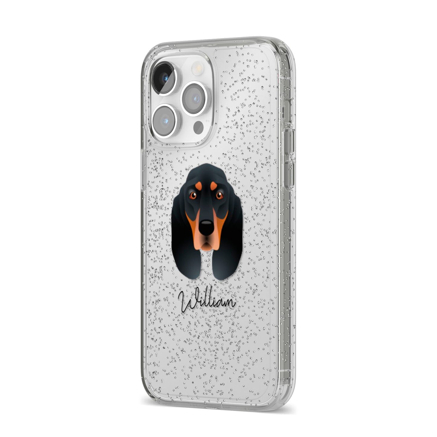 Black and Tan Coonhound Personalised iPhone 14 Pro Max Glitter Tough Case Silver Angled Image