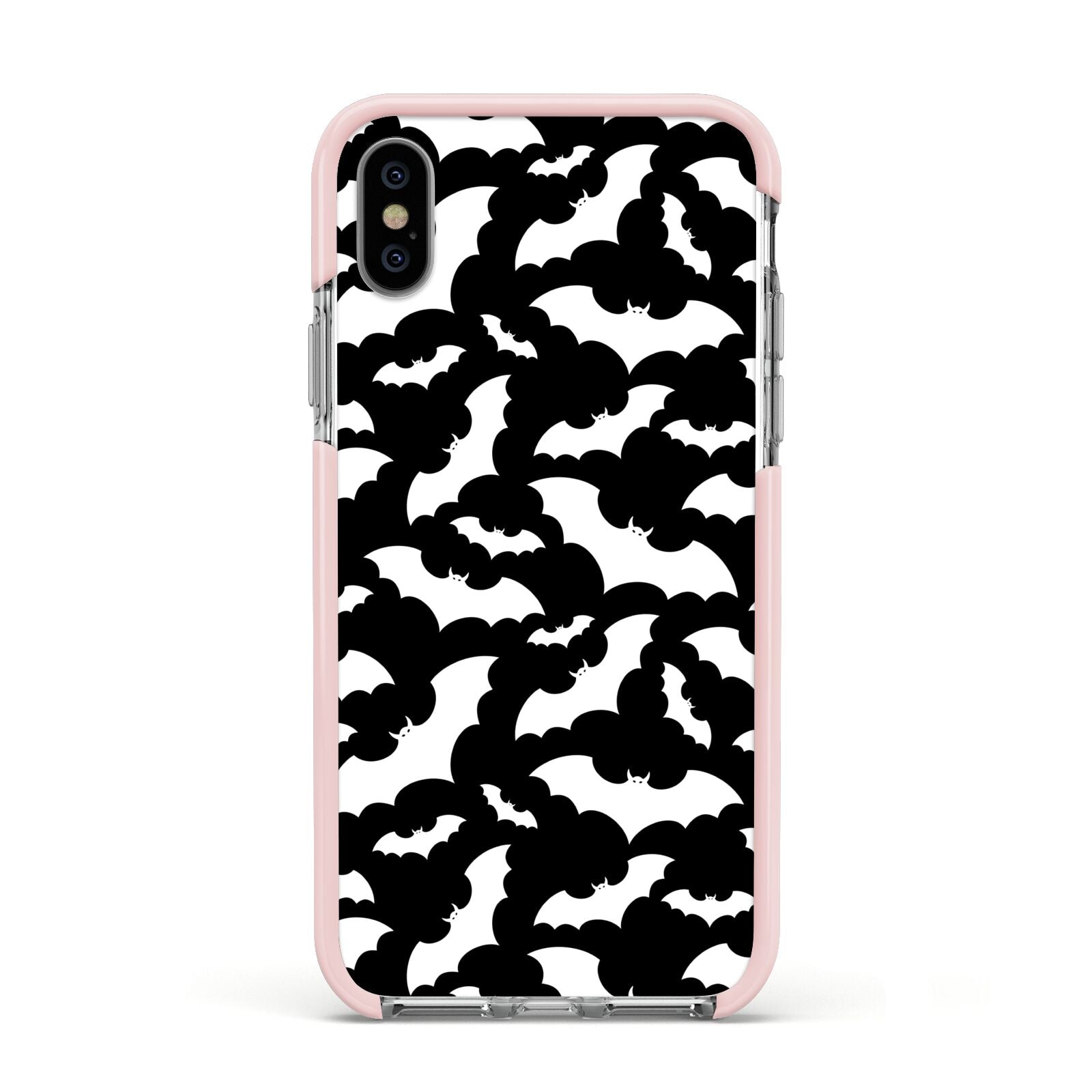 Black and White Bats Apple iPhone Xs Impact Case Pink Edge on Silver Phone