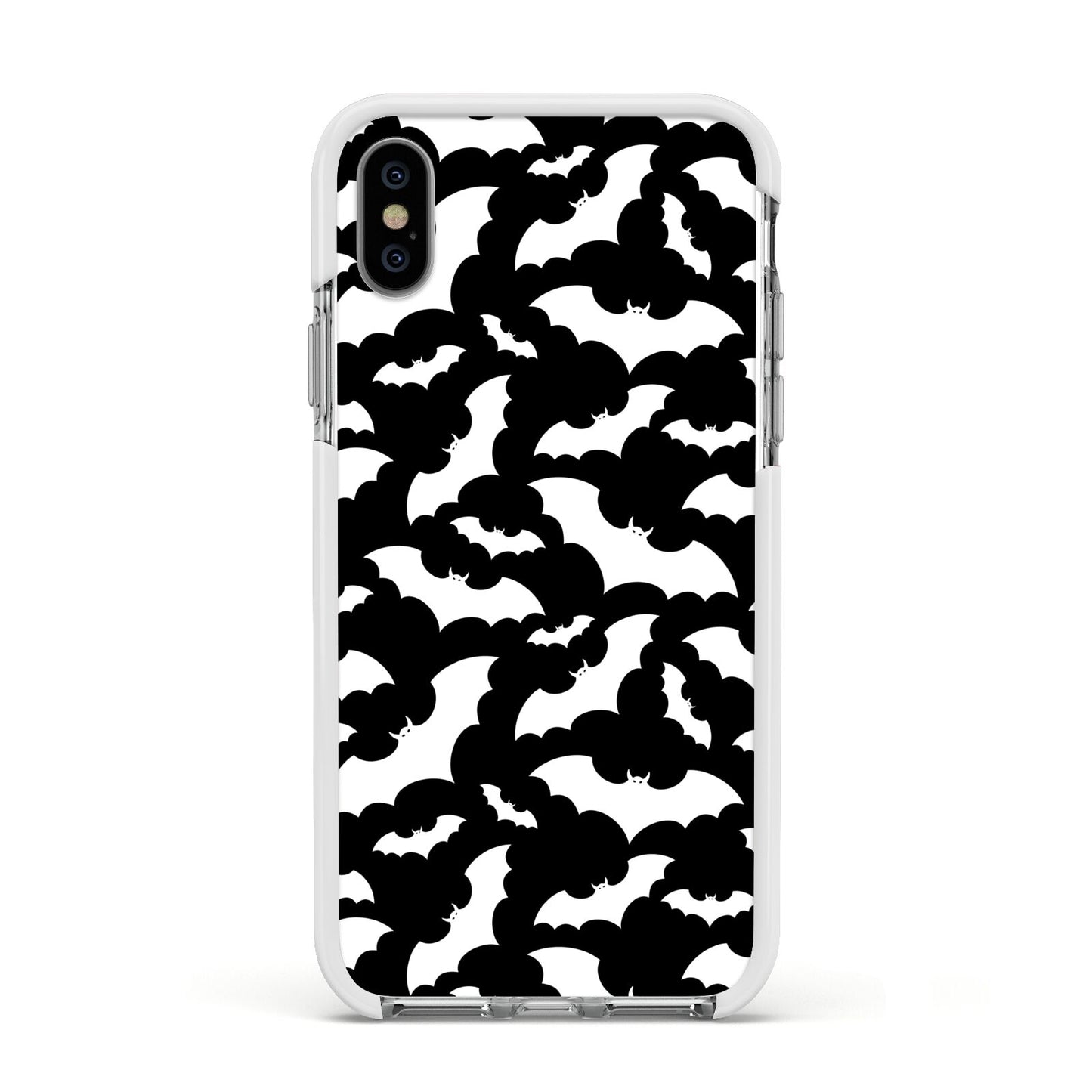 Black and White Bats Apple iPhone Xs Impact Case White Edge on Silver Phone