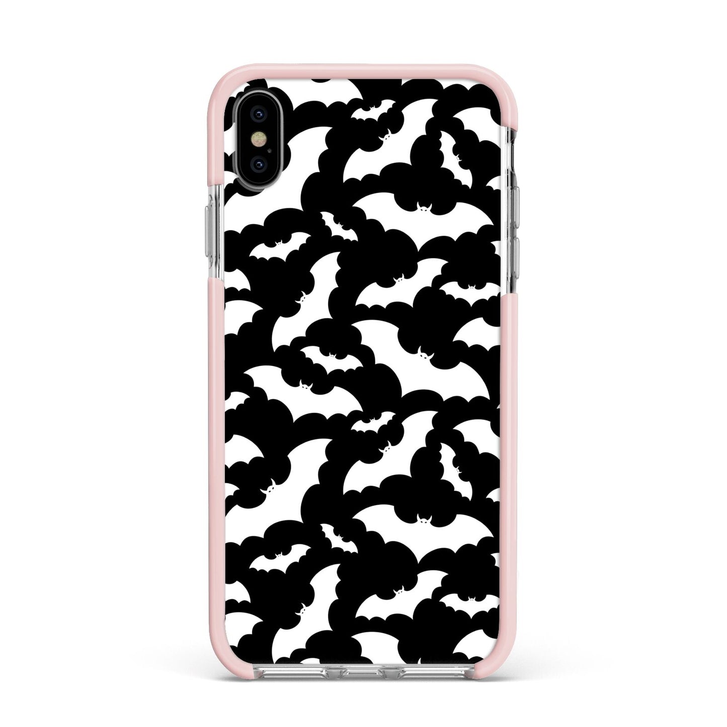 Black and White Bats Apple iPhone Xs Max Impact Case Pink Edge on Silver Phone