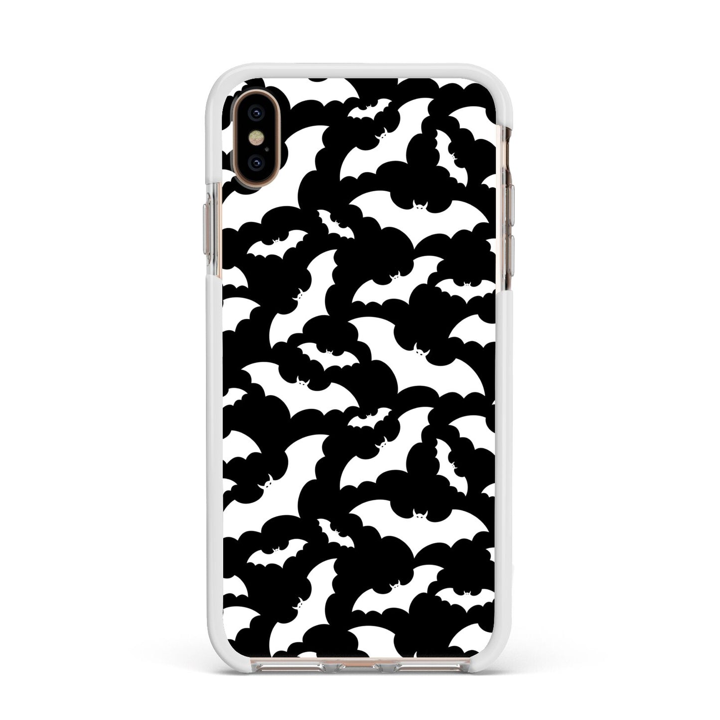 Black and White Bats Apple iPhone Xs Max Impact Case White Edge on Gold Phone
