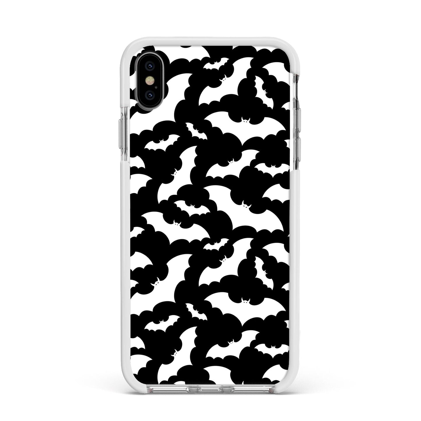 Black and White Bats Apple iPhone Xs Max Impact Case White Edge on Silver Phone