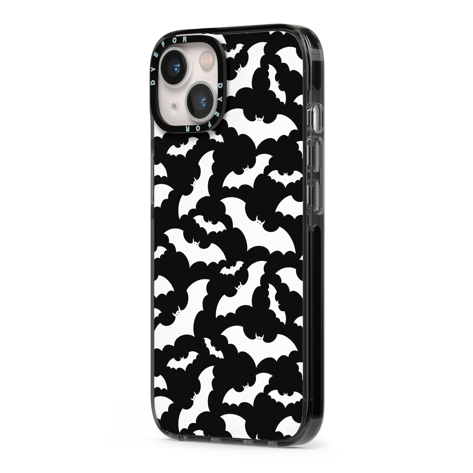 Black and White Bats iPhone 13 Black Impact Case Side Angle on Silver phone
