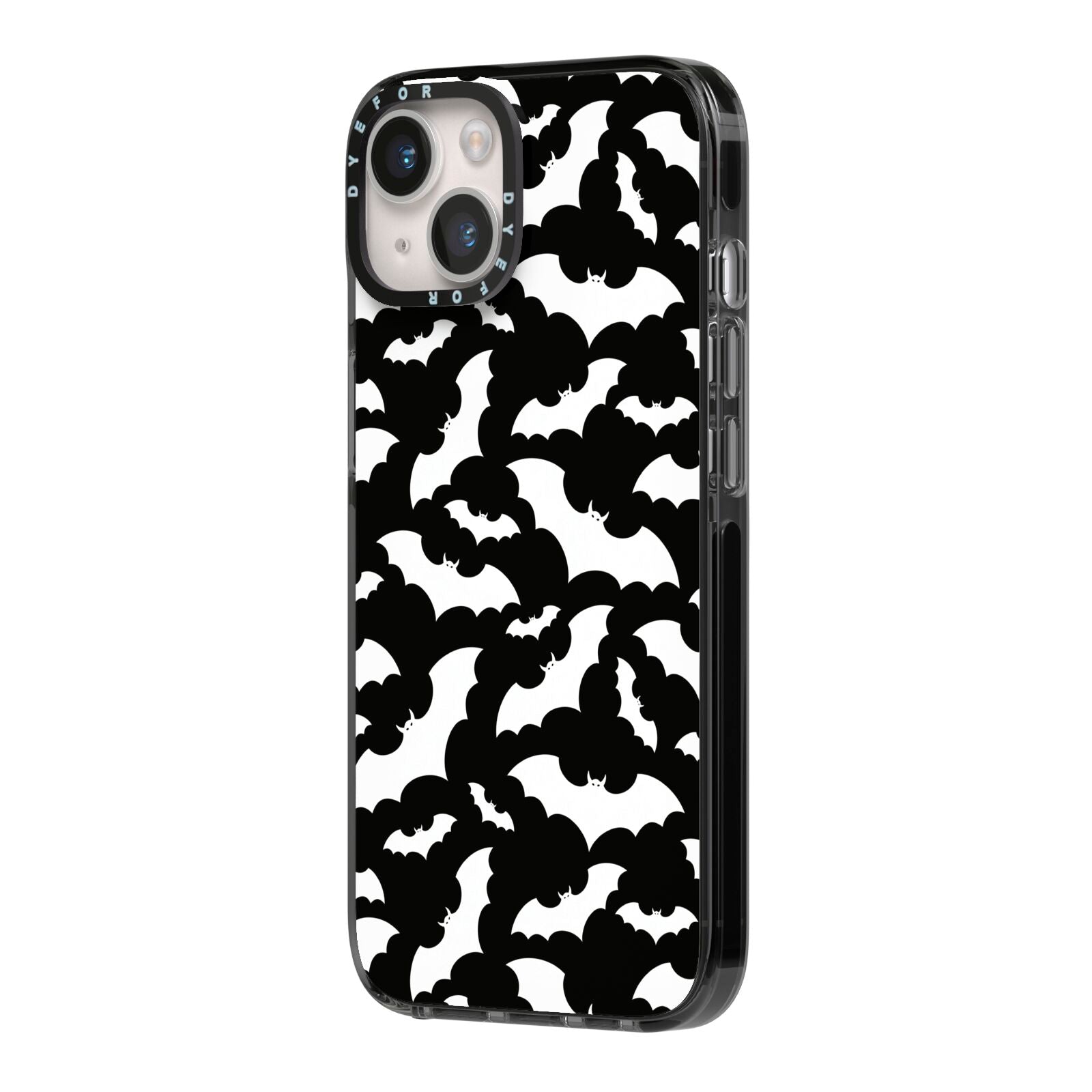 Black and White Bats iPhone 14 Black Impact Case Side Angle on Silver phone