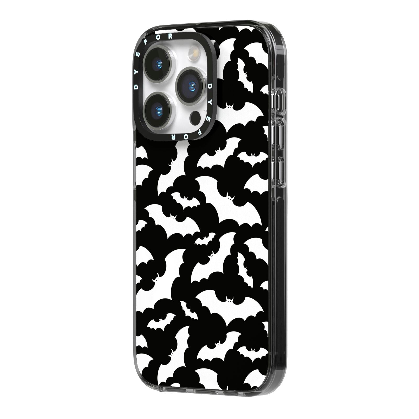 Black and White Bats iPhone 14 Pro Black Impact Case Side Angle on Silver phone