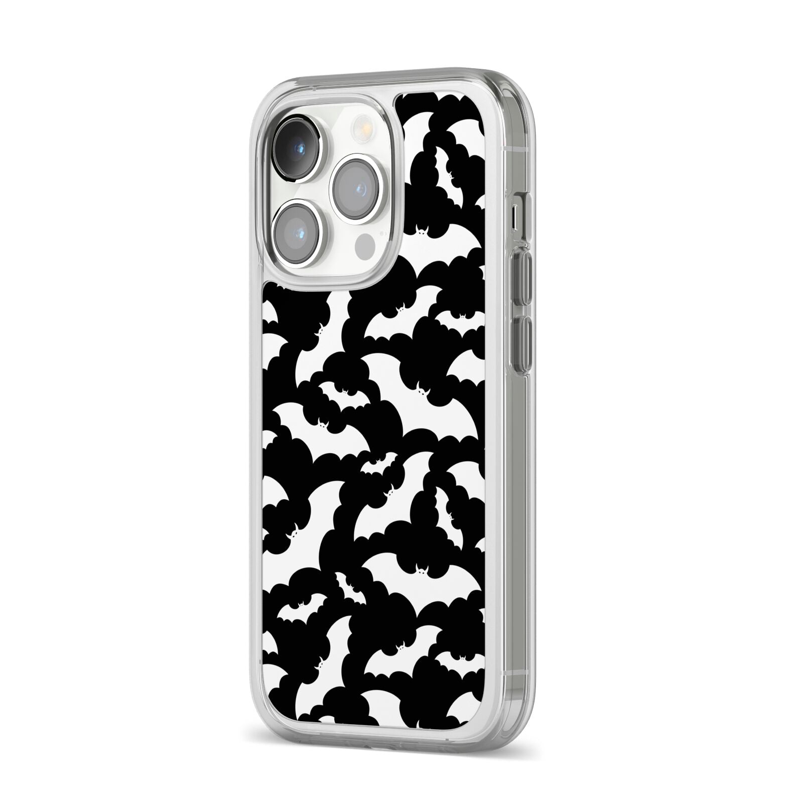 Black and White Bats iPhone 14 Pro Clear Tough Case Silver Angled Image