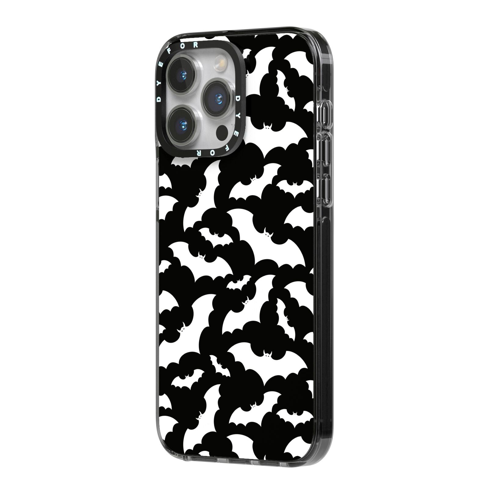 Black and White Bats iPhone 14 Pro Max Black Impact Case Side Angle on Silver phone