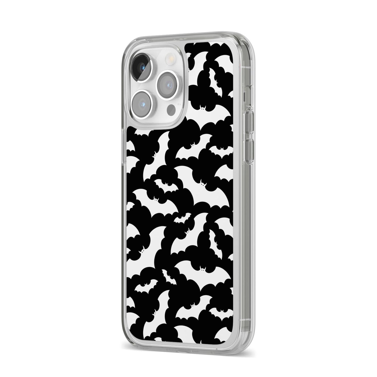 Black and White Bats iPhone 14 Pro Max Clear Tough Case Silver Angled Image