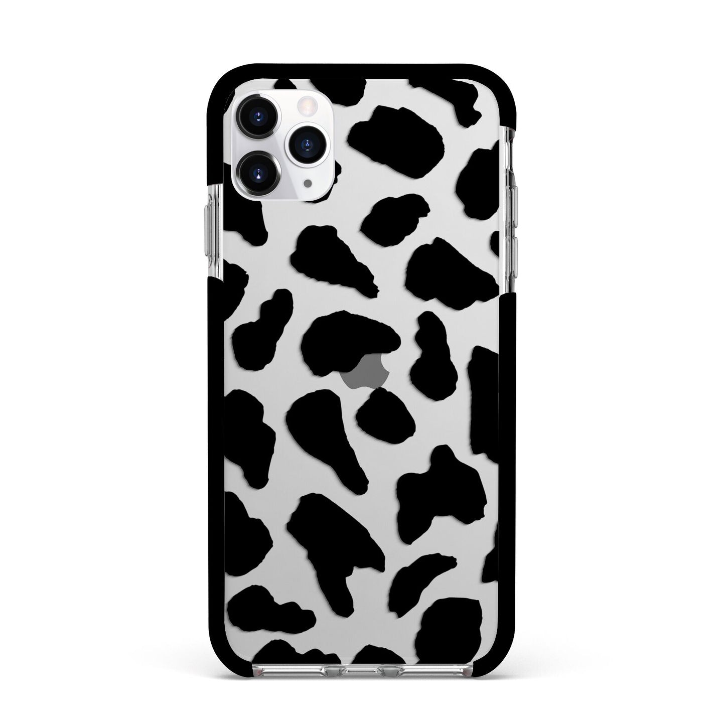Black and White Cow Print Apple iPhone 11 Pro Max in Silver with Black Impact Case
