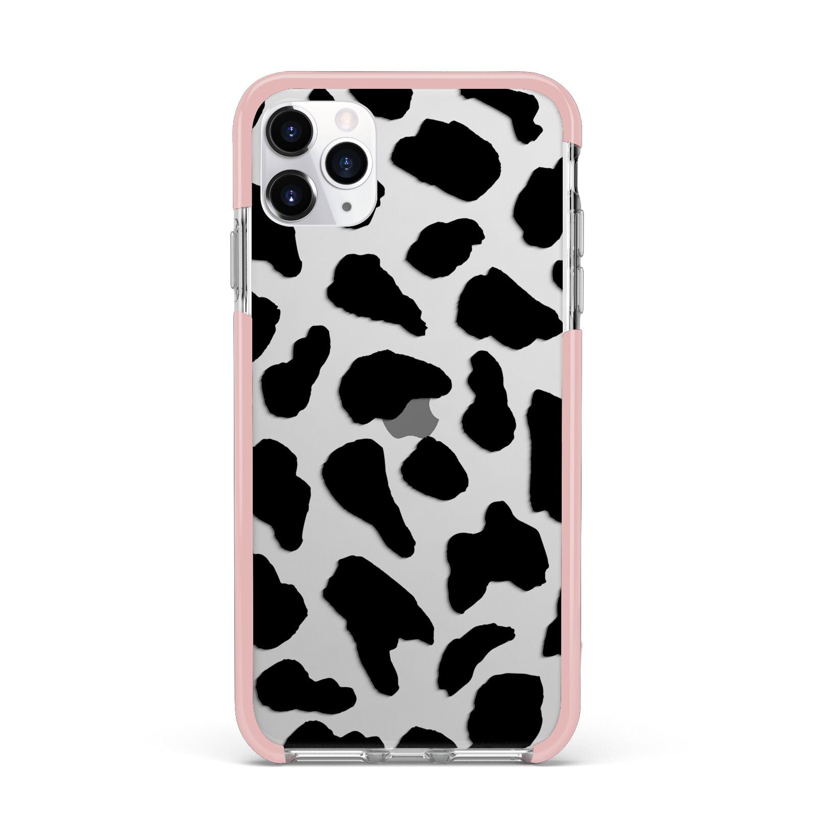 Black and White Cow Print Apple iPhone 11 Pro Max in Silver with Pink Impact Case