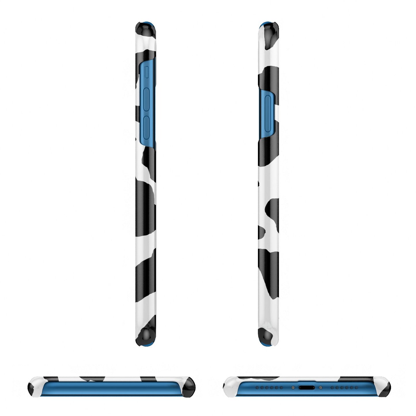 Black and White Cow Print Apple iPhone XR 3D Wrap Snap Case Angled Images on Blue Phone