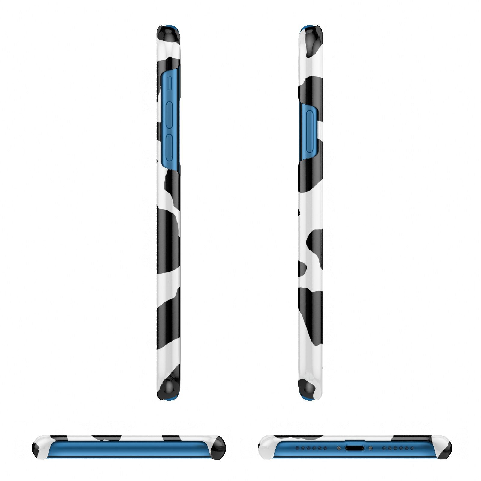 Black and White Cow Print Apple iPhone XR 3D Wrap Snap Case Angled Images on Blue Phone