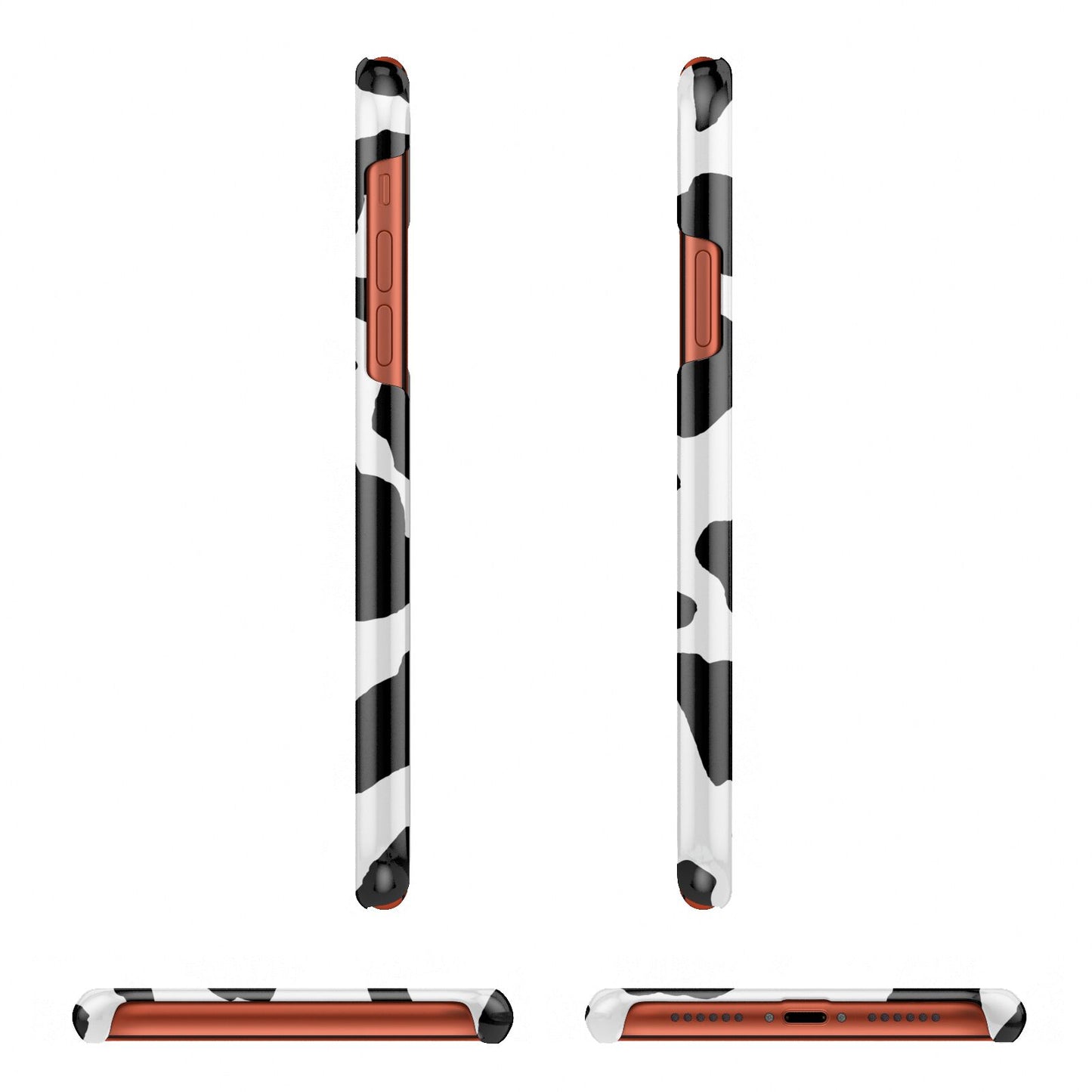 Black and White Cow Print Apple iPhone XR 3D Wrap Snap Case Angled Images on Coral Phone